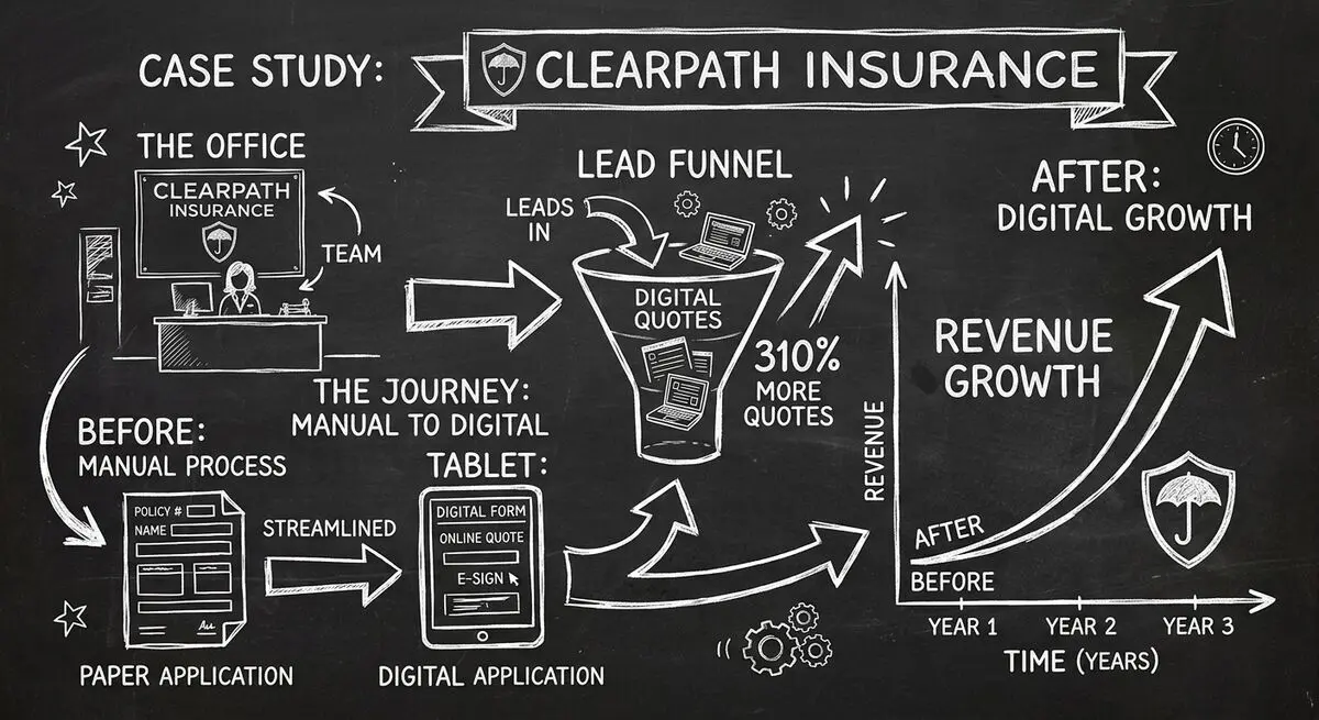 Chalkboard style illustration of Clearpath Insurance Group case study showing digital insurance intake transformation with 310% quote request growth