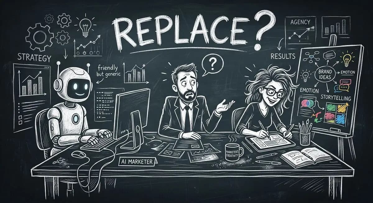 Agency marketer and AI robot facing off with client in the middle