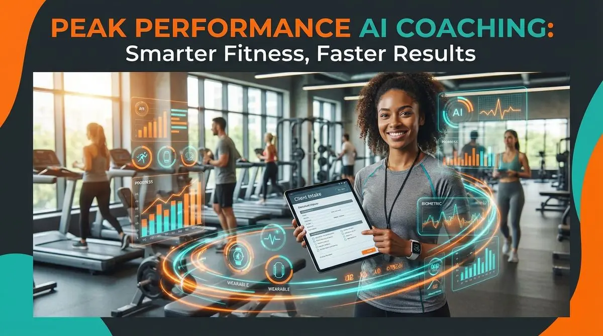 Fitness coach in a gym holding a tablet with a client intake form, surrounded by AI fitness data overlays