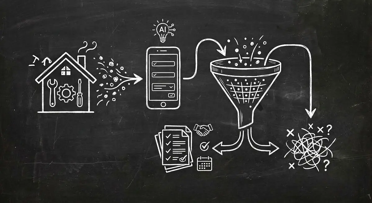 Chalkboard sketch illustration of home services lead qualification with AI forms showing house with tools connected to lead funnel
