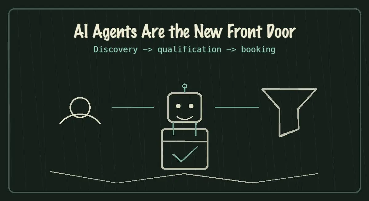 Chalkboard sketch showing AI agents as the new front door from discovery to booking