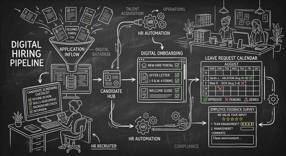 AI tools for HR showing application screening, onboarding, and employee lifecycle automation