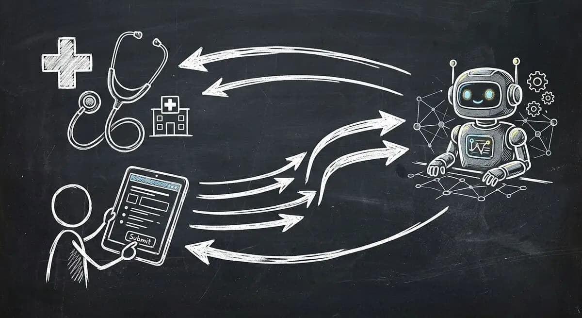 Chalkboard sketch of medical clinic AI automation with OpenClaw agent and Dashform patient forms