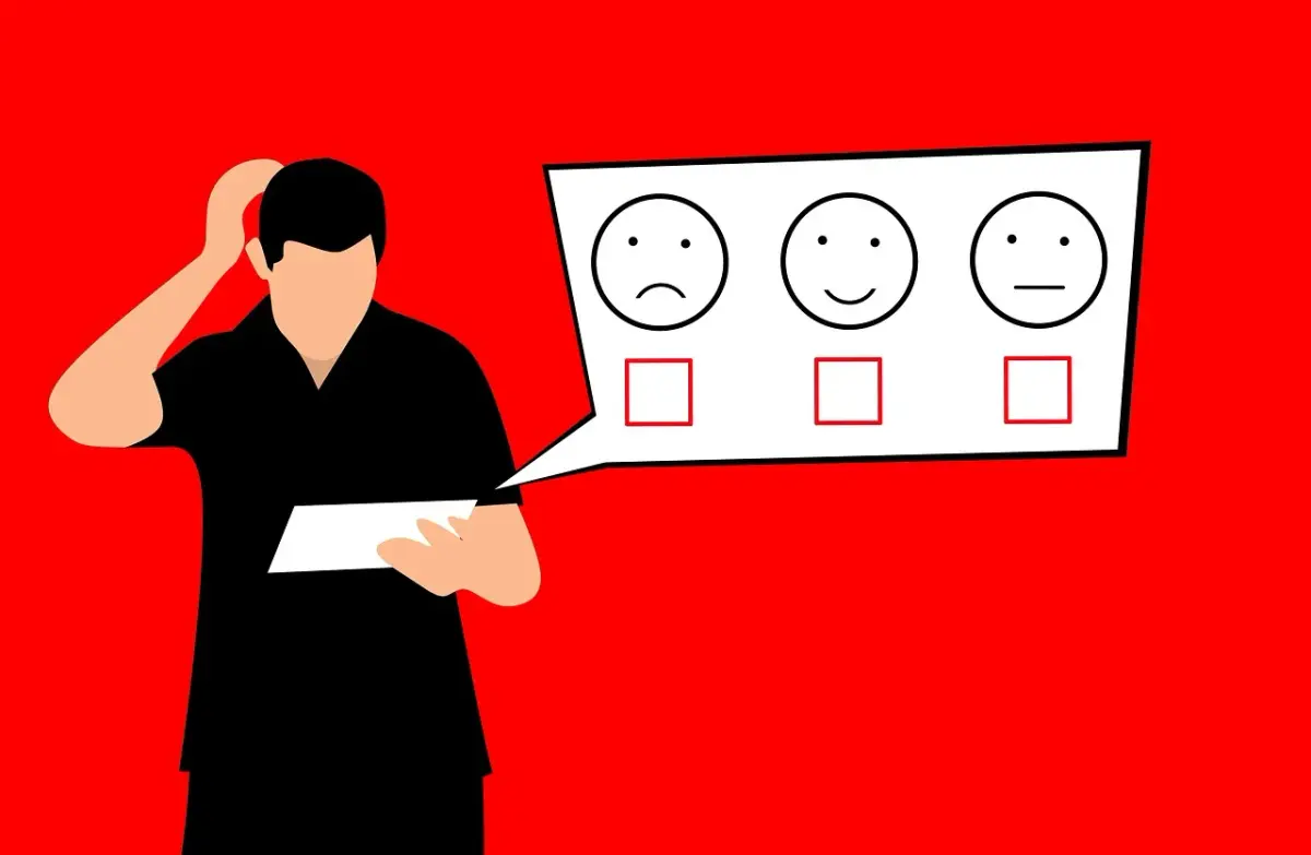 Puzzled person looking at a feedback survey with sad, happy, and neutral emoji options.