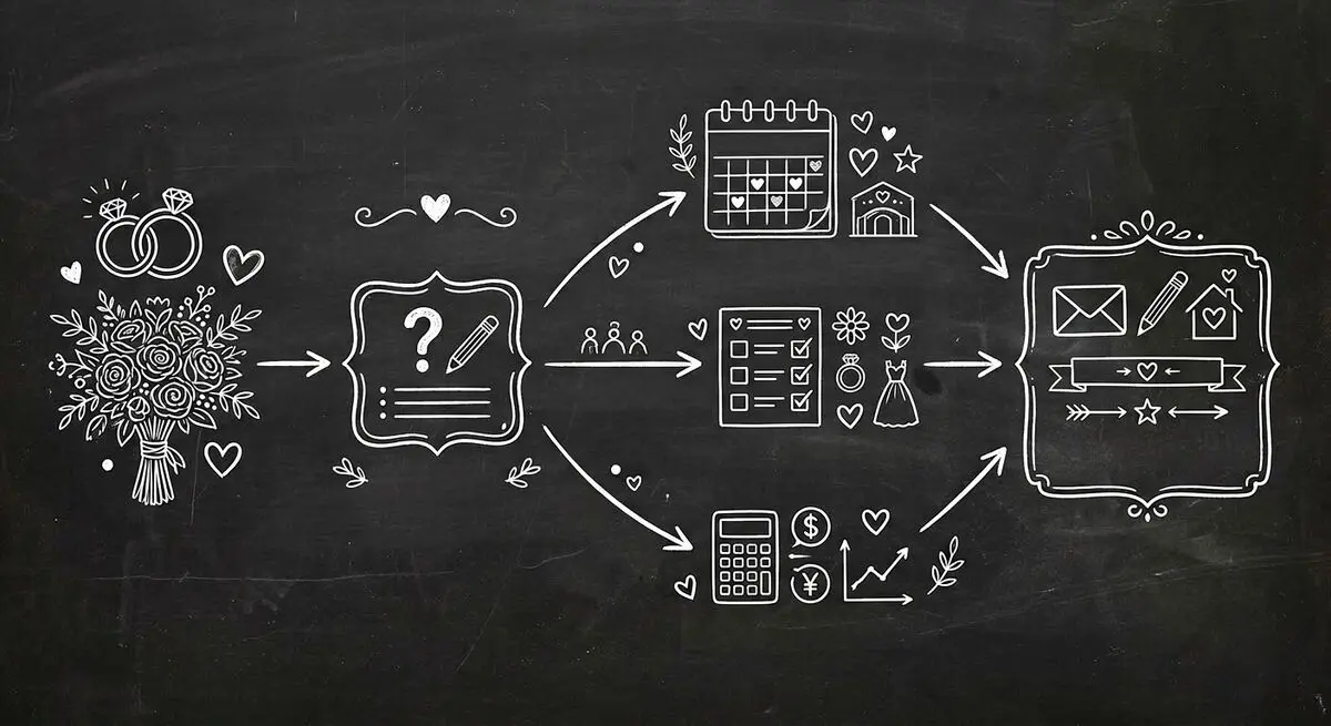 Chalkboard sketch illustration of wedding planner quiz funnel showing wedding rings connected to quiz questionnaire with branching paths