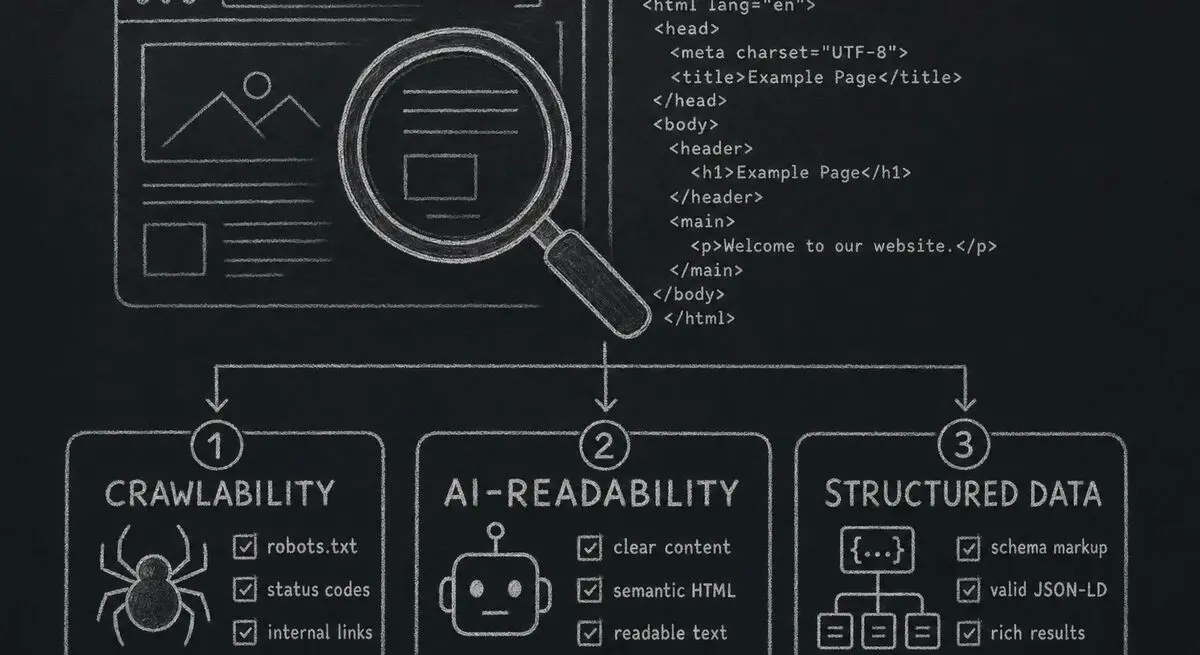 A magnifying glass examining a webpage with three categories of audit checks visible