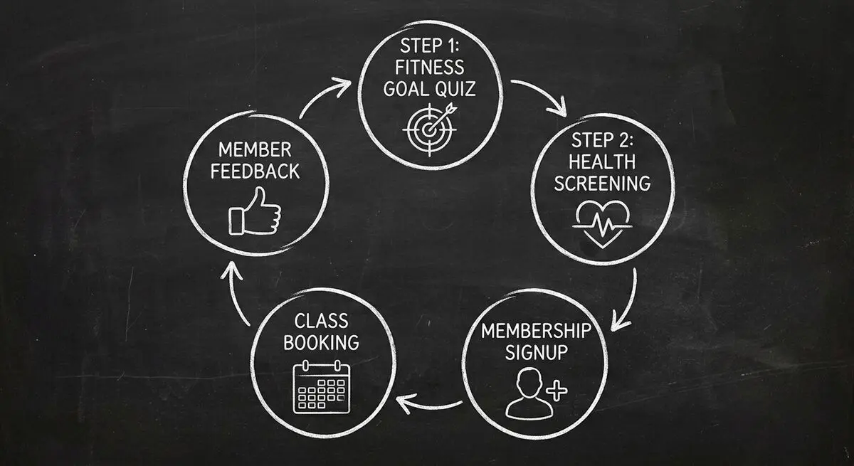 Dashform workflow diagram showing Apex Performance Studios 5-step member journey: fitness goal quiz, health screening, membership signup, class booking, and member feedback