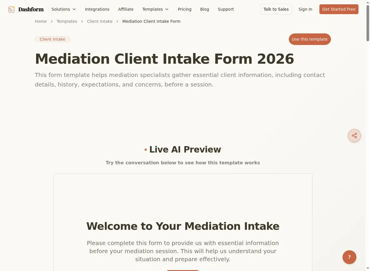 Dashform Client Intake Form template page screenshot