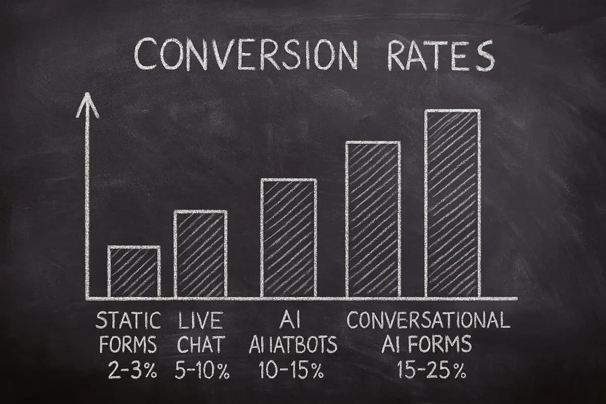 Bar chart comparing conversion rates: Static Forms 2-3%, Live Chat 5-10%, AI Chatbots 10-15%, Conversational AI Forms 15-25%