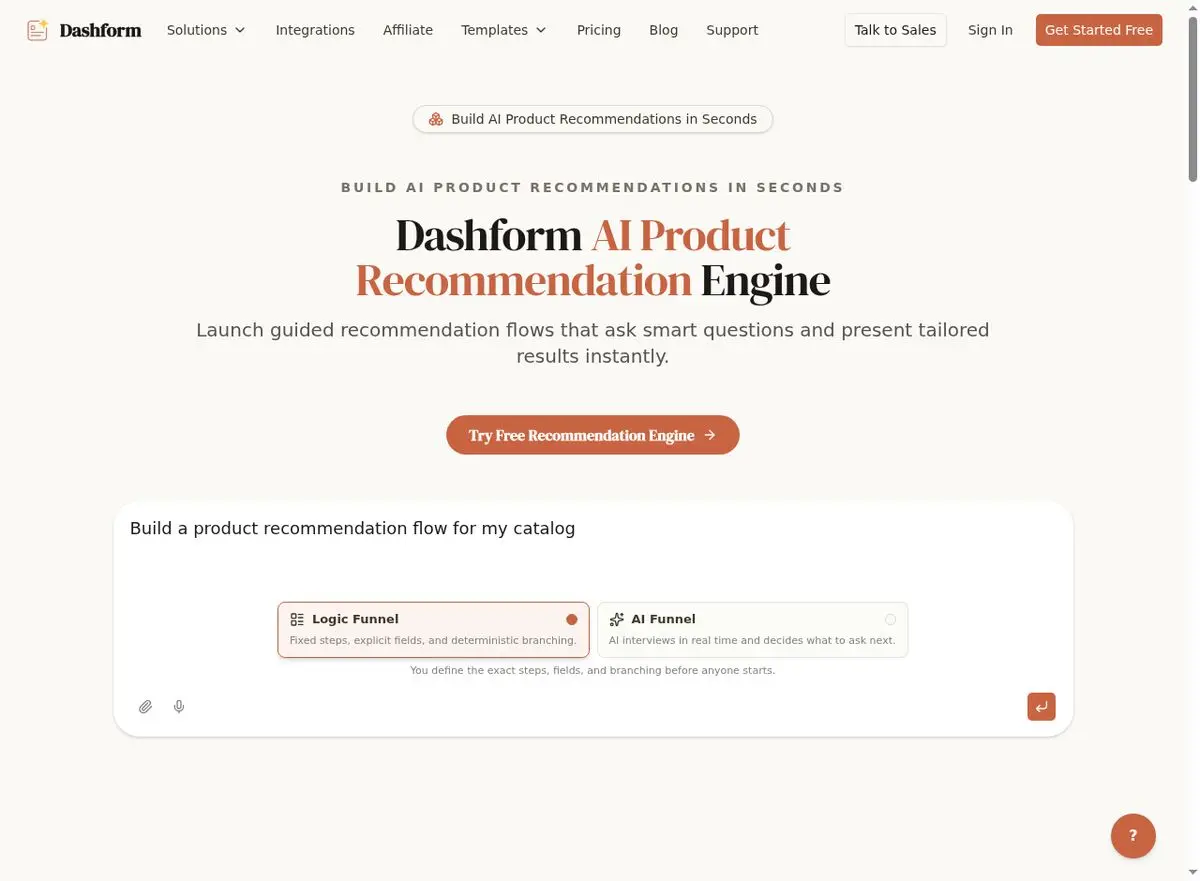 Dashform AI Product Recommendation Engine interface for creating guided product quizzes