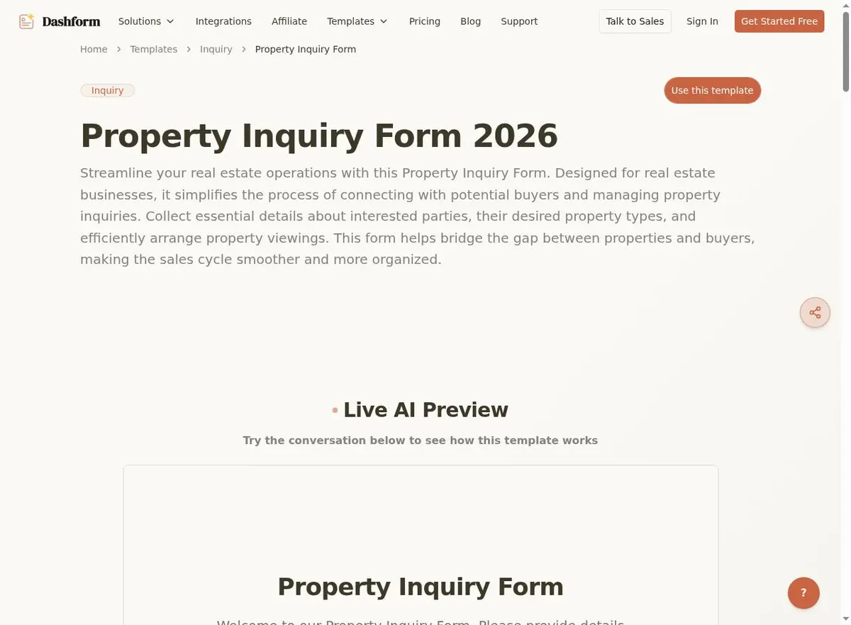 Dashform Property Inquiry Form template page screenshot