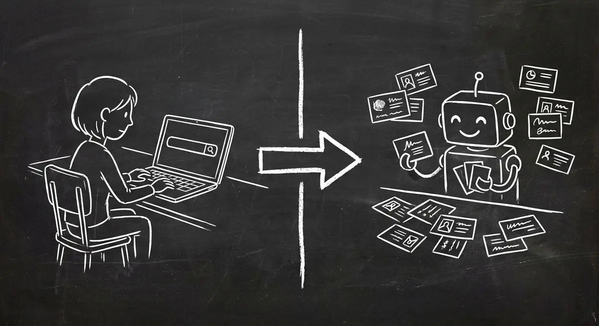 Chalkboard sketch comparing traditional Google search with AI agent powered service discovery