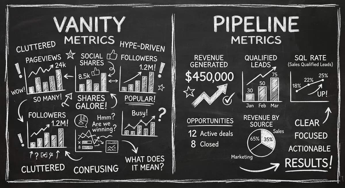 Vanity metrics vs pipeline metrics dashboard comparison