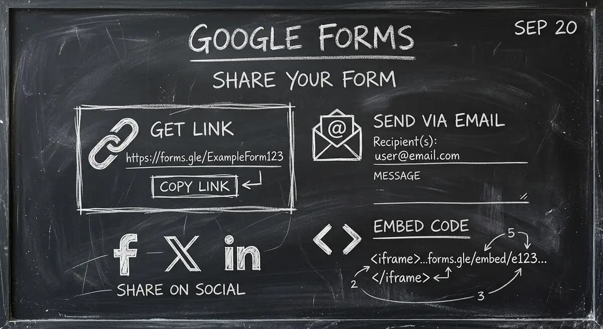 Google Forms sharing options: link, email, embed, and social media