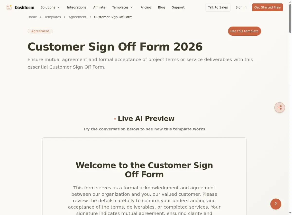 Dashform Customer Sign-Off Form template page screenshot