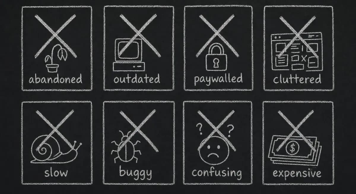 Eight excluded tools, each marked with a reason for cut