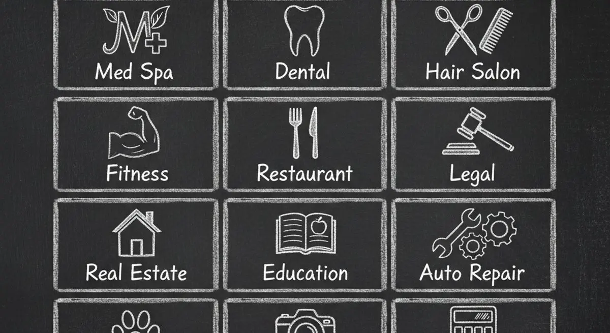 Chalkboard illustration showing a marketplace grid with 12 service categories that AI agents can browse