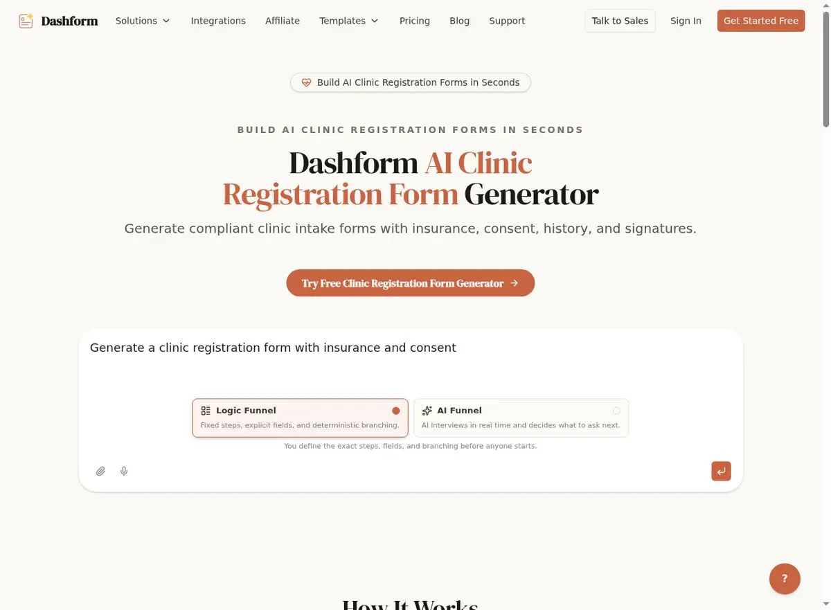 Dashform AI Clinic Registration Form Generator for patient demographics and insurance intake