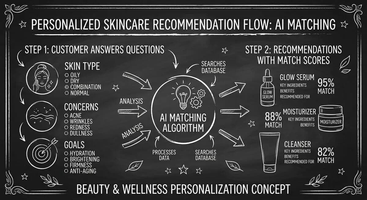 Skincare product recommendation flow showing customer answers matched to specific products with scores