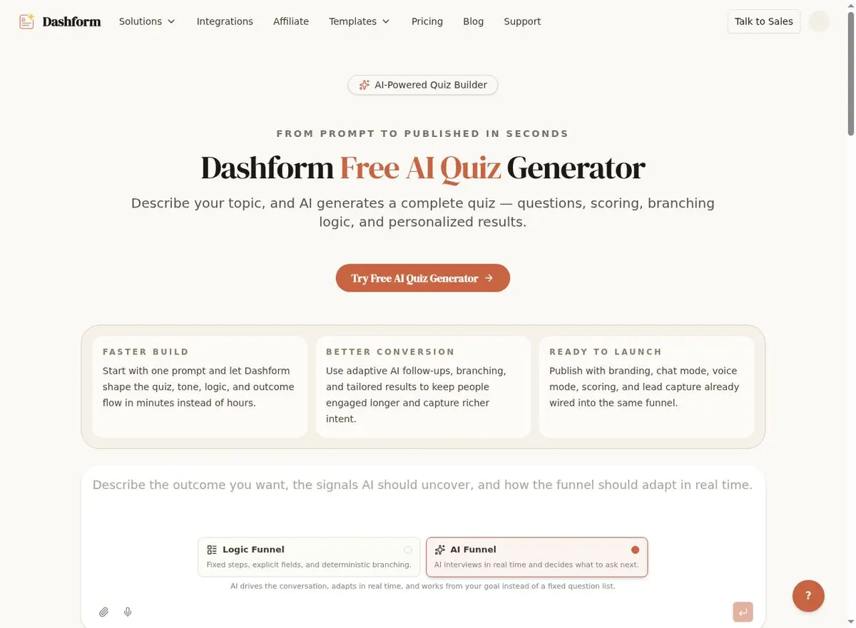 Dashform AI Quiz Generator interface used by Apex Performance Studios to create their personalized fitness goal assessment
