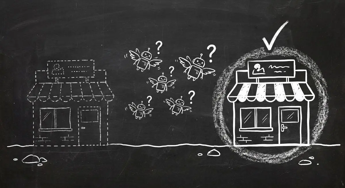 Chalkboard sketch showing businesses invisible to AI agents while discoverable businesses get bookings