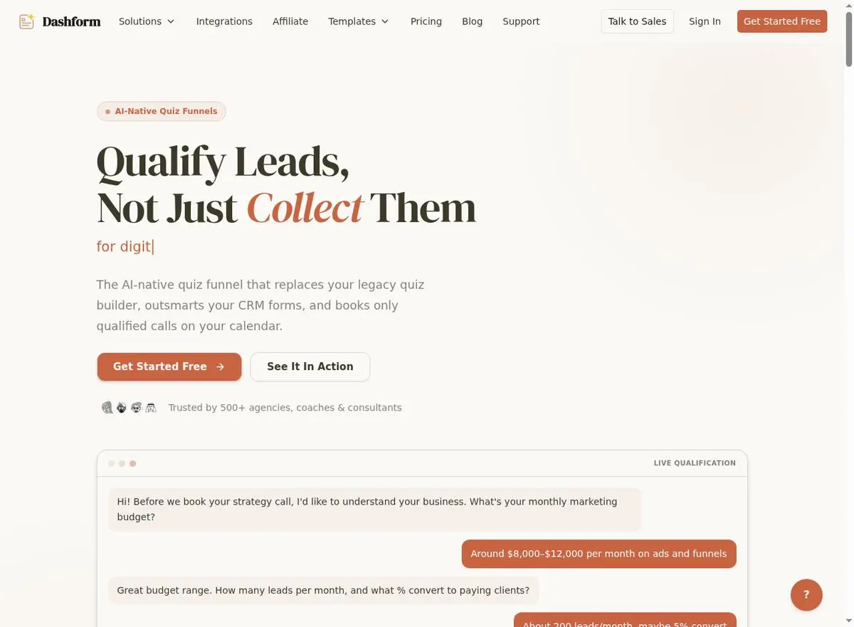 Dashform AI quiz funnel builder homepage