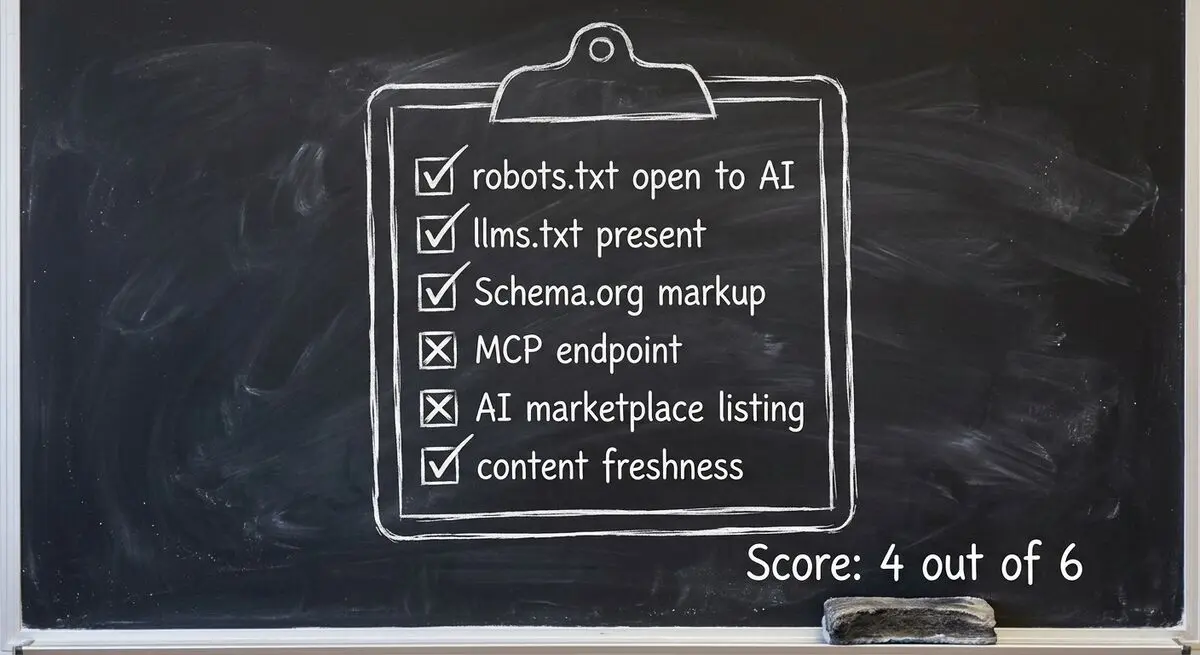 AI visibility checklist showing 6 audit dimensions with pass/fail marks
