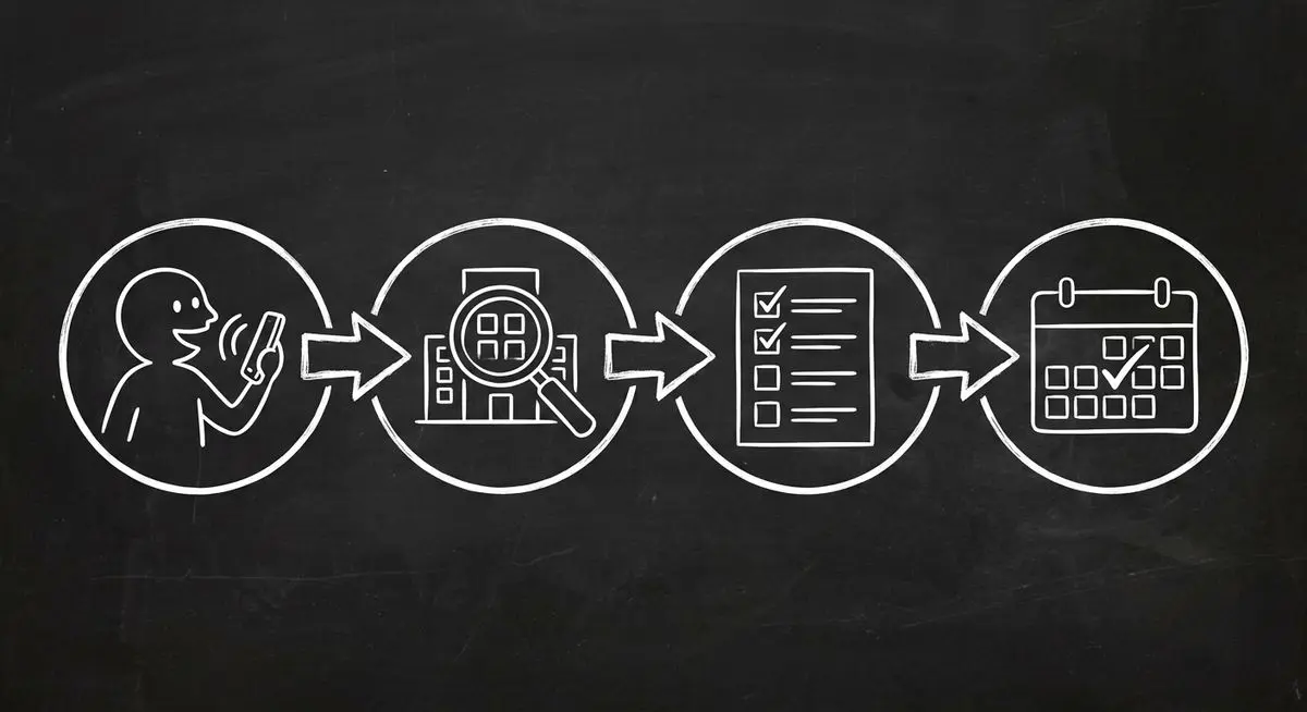 Chalkboard sketch showing four step AI agent booking flow from discovery to evaluation to qualification to booking