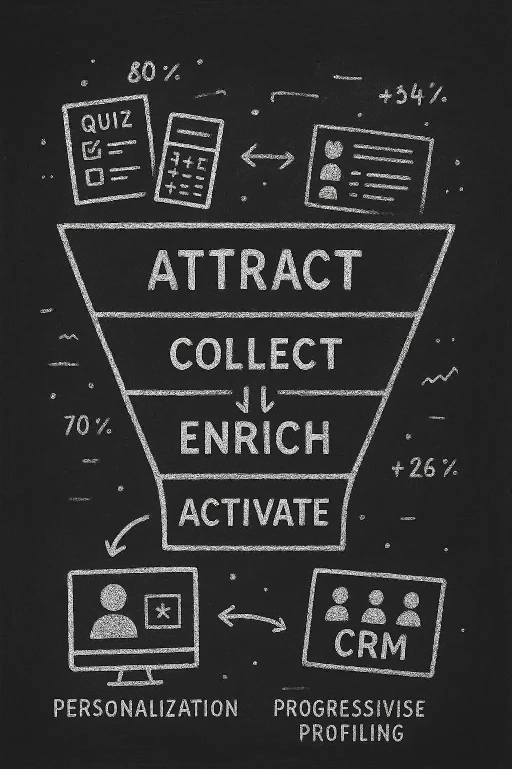 Zero-party data collection funnel showing four stages: attract, collect, enrich, and activate