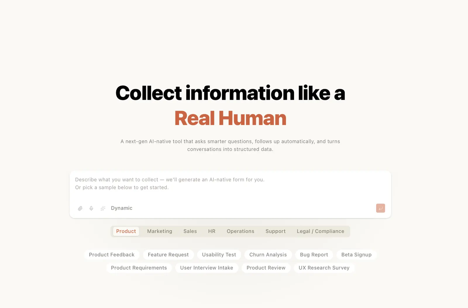 Dashform AI dashboard showing A next-gen AI-native tool that asks smarter questions, follows up automatically, and turns conversations into structured data.
