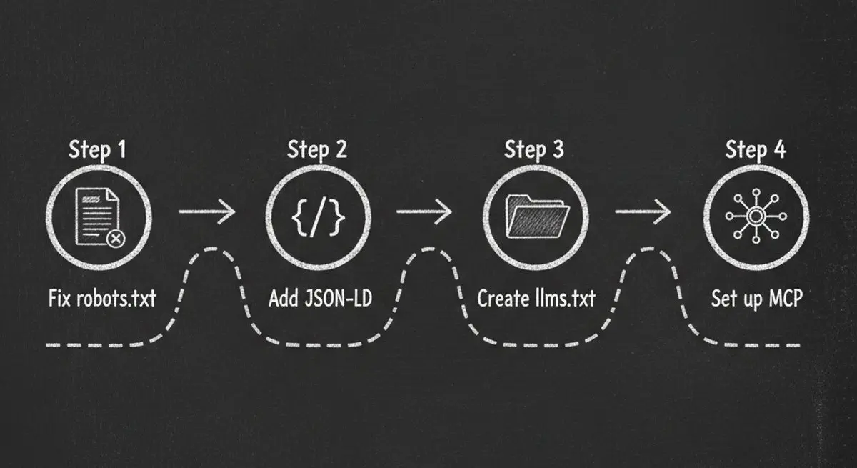 Chalkboard illustration showing step-by-step guide for making a website AI-ready with robots.txt, JSON-LD, llms.txt, and MCP