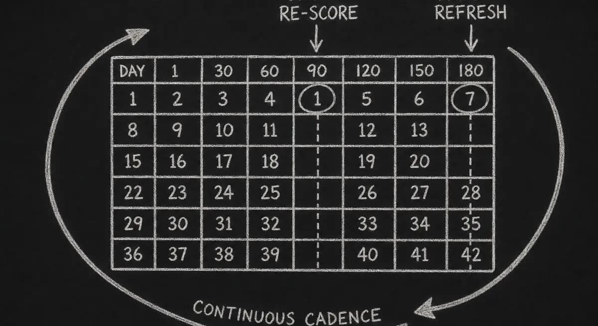 Cadence diagram showing 90-day re-score and 180-day refresh cycles