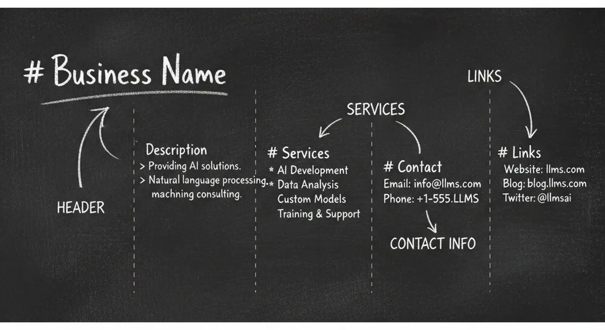 Chalkboard illustration showing the structure and format of an llms.txt file with labeled sections