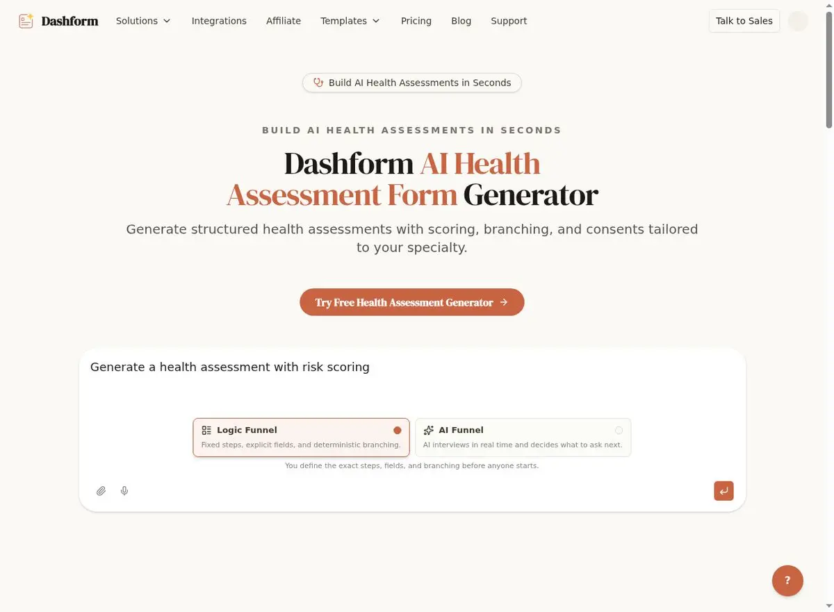 Dashform AI Health Assessment Form Generator interface for creating digital fitness health screening and PAR-Q forms