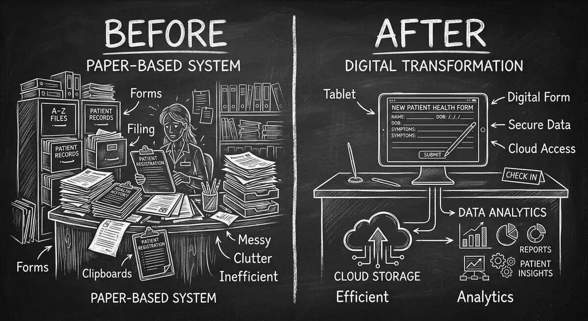 Before-and-after comparison of paper form chaos versus clean digital tablet intake with cloud storage