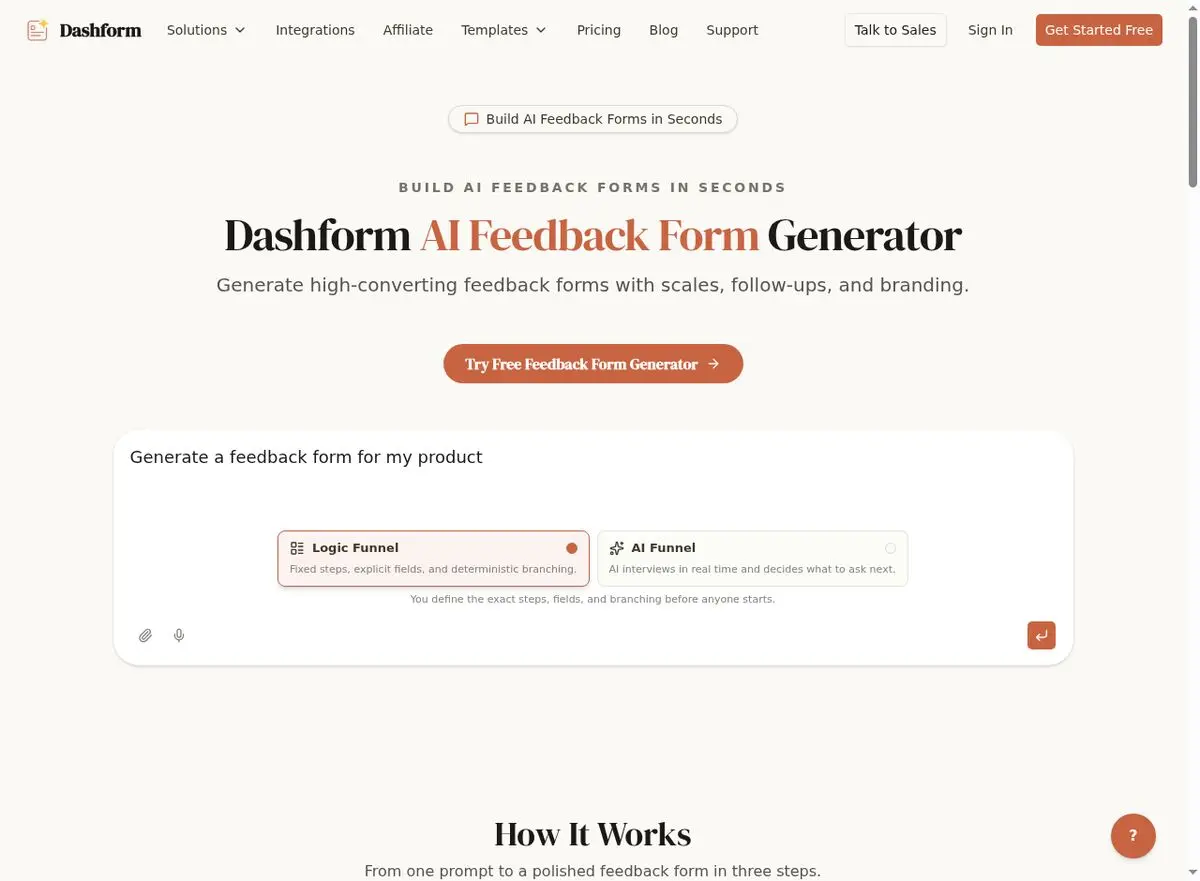 Dashform AI Feedback Form Generator interface for collecting member satisfaction feedback and cancellation intercept surveys