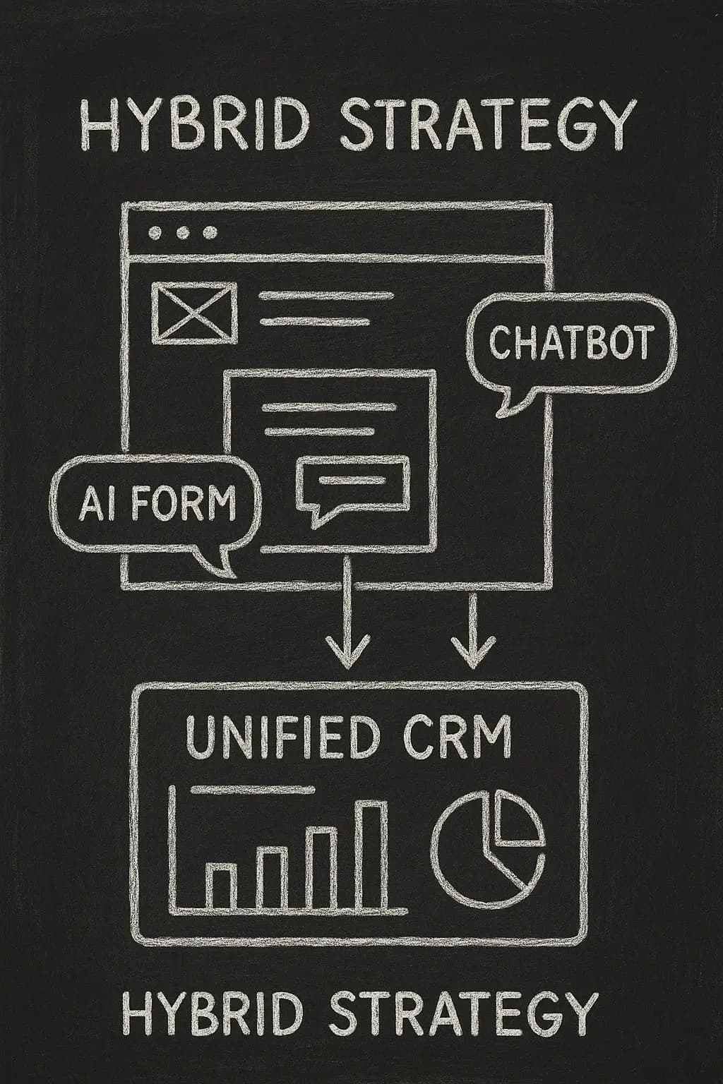 Hybrid lead generation system showing chatbot and conversational form working together with unified CRM dashboard