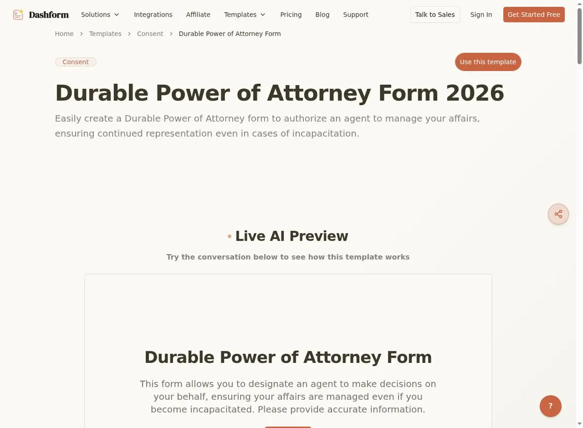 Dashform Power of Attorney Form template page screenshot