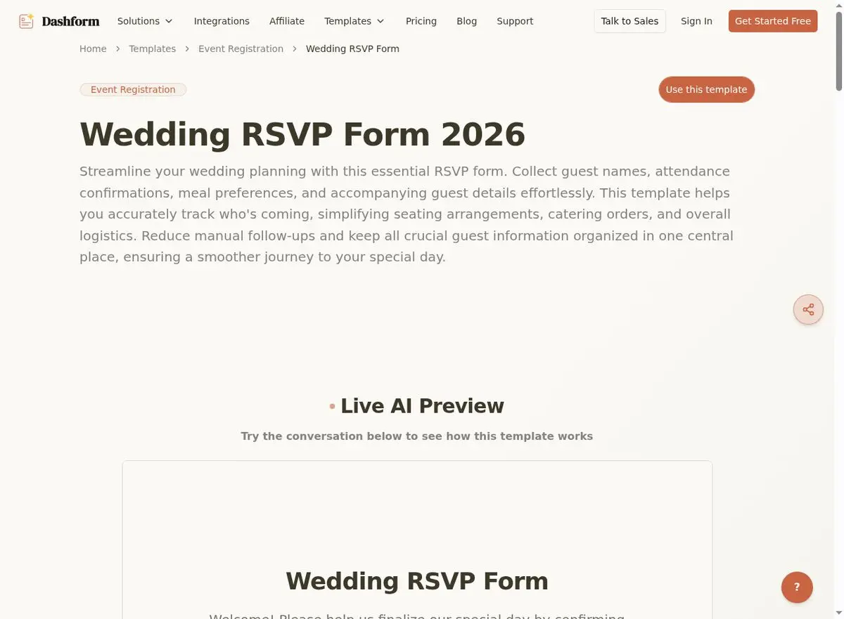 Dashform Wedding Photography Questionnaire template page screenshot
