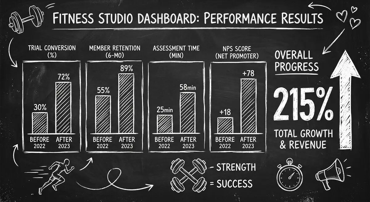 Before and after results dashboard showing Apex Performance Studios improvement across trial conversion, retention, and member satisfaction