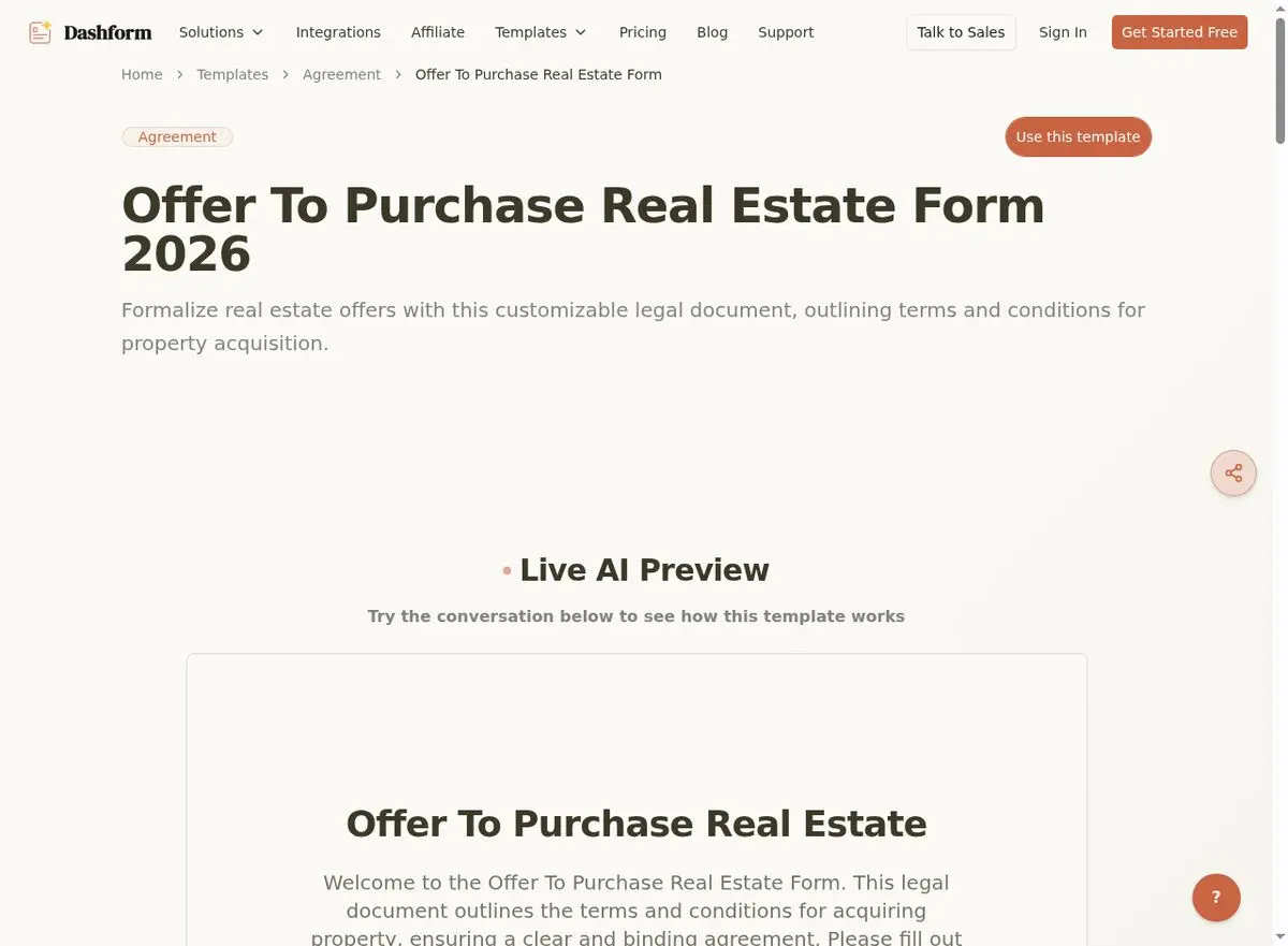 Dashform Offer to Purchase Real Estate Form template page screenshot