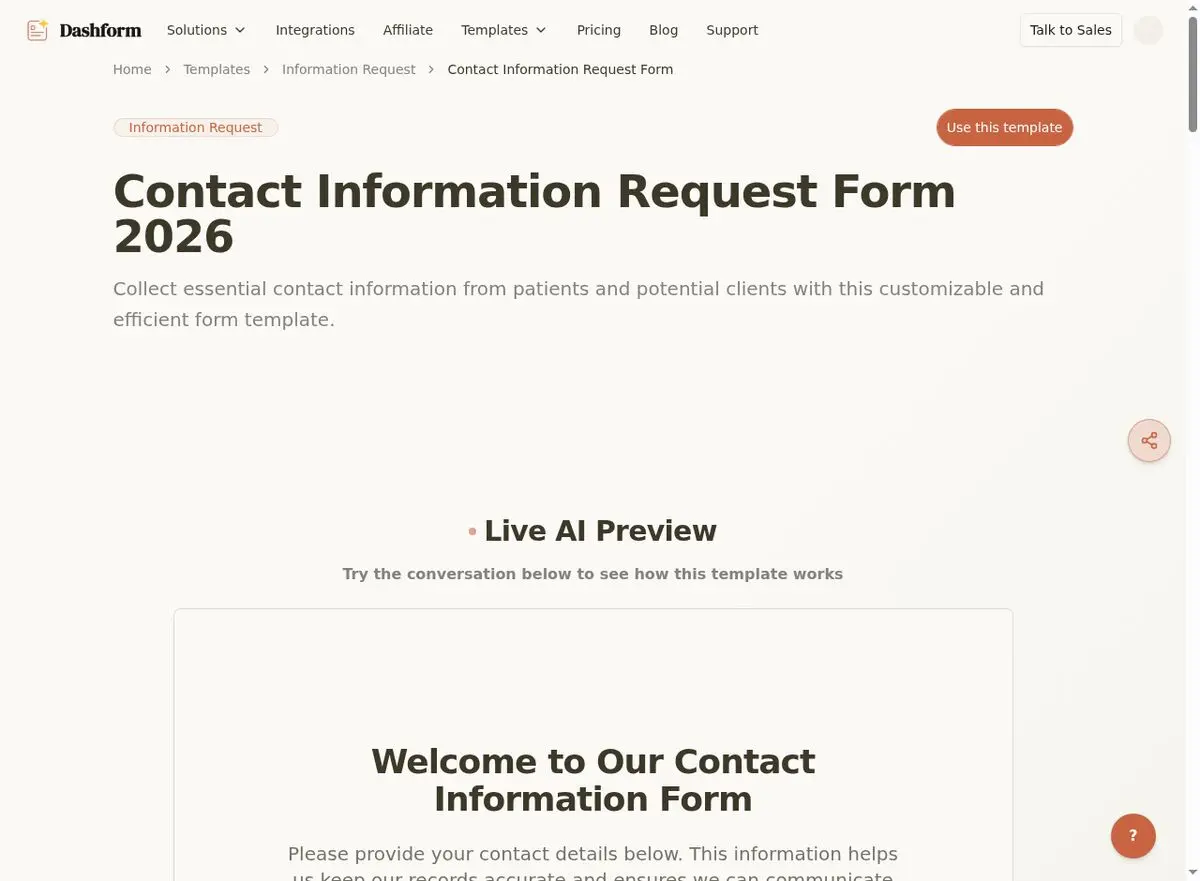 Dashform Client Contact Form template page screenshot