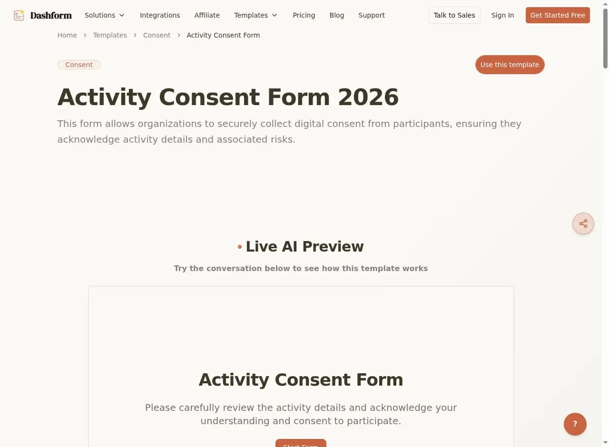 Dashform Engagement Letter Form template page screenshot