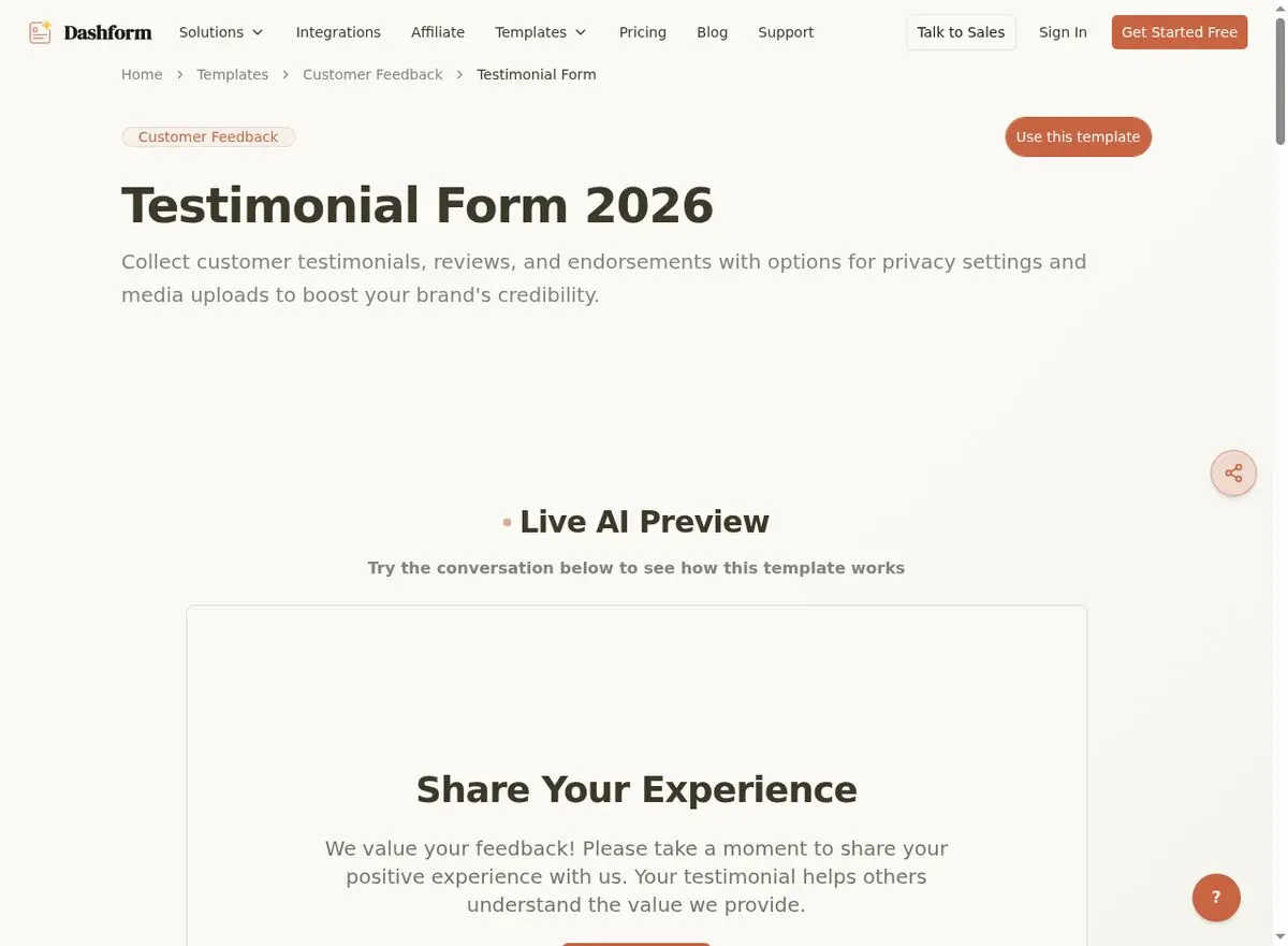 Dashform Client Testimonial Form template page screenshot