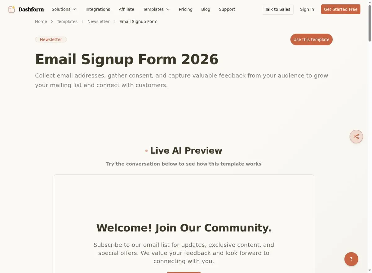 Dashform Newsletter Signup Form template page screenshot