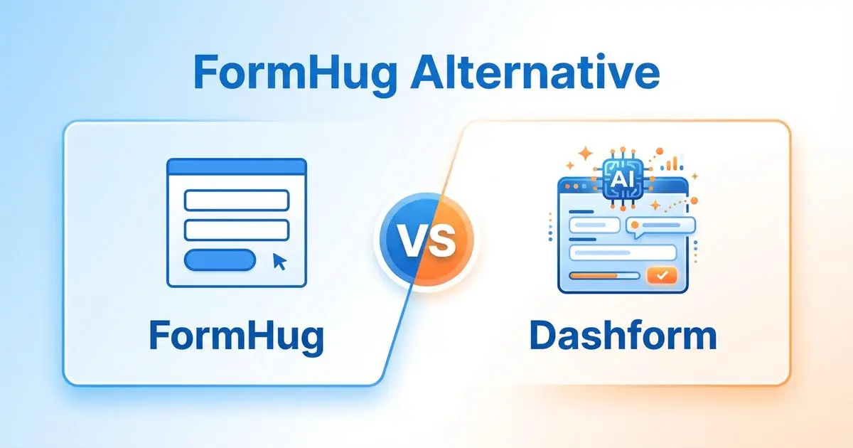 FormHug vs. Dashform comparison, showing FormHug as a simple web form and Dashform as an AI-enhanced interface, titled 'FormHug Alternative'.