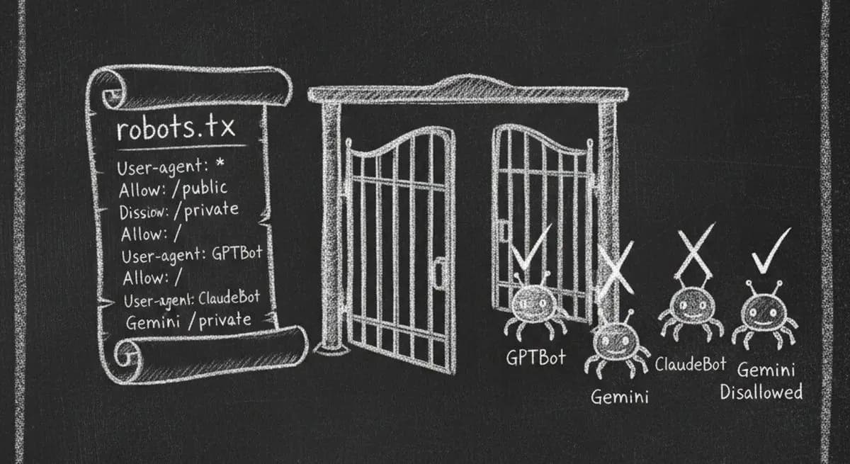 Chalkboard illustration showing AI crawlers being blocked by robots.txt with allow and disallow rules