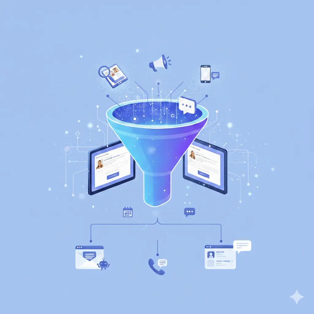 A blue digital funnel processing marketing inputs into customer profiles and communication channels.