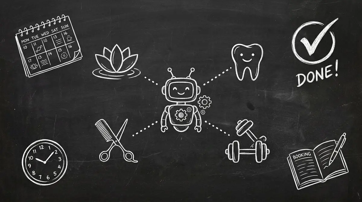 Chalkboard sketch showing AI agent connecting local businesses like spas salons and dental clinics for automated booking