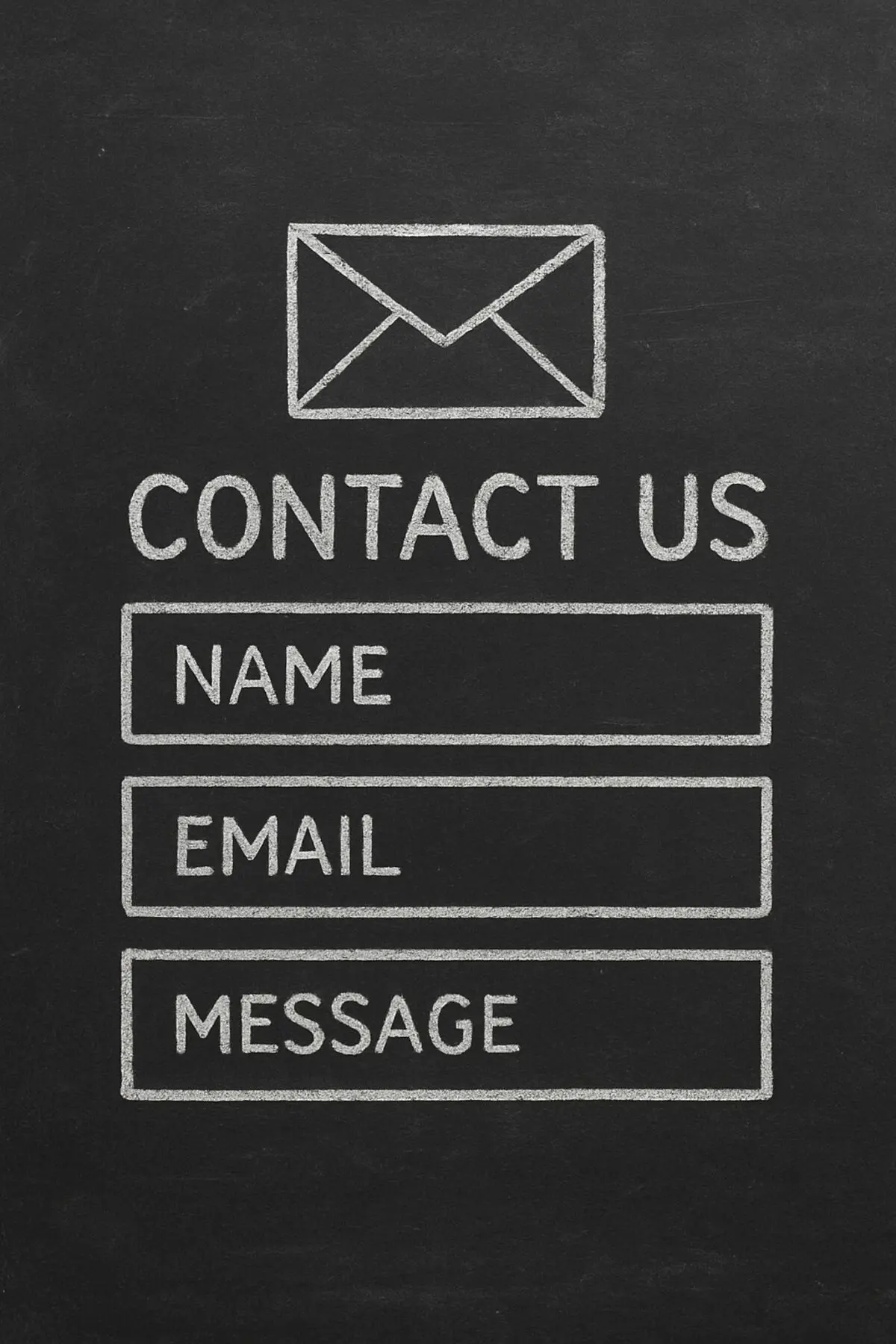 Chalkboard drawing of a contact us form with an envelope icon and name, email, and message fields